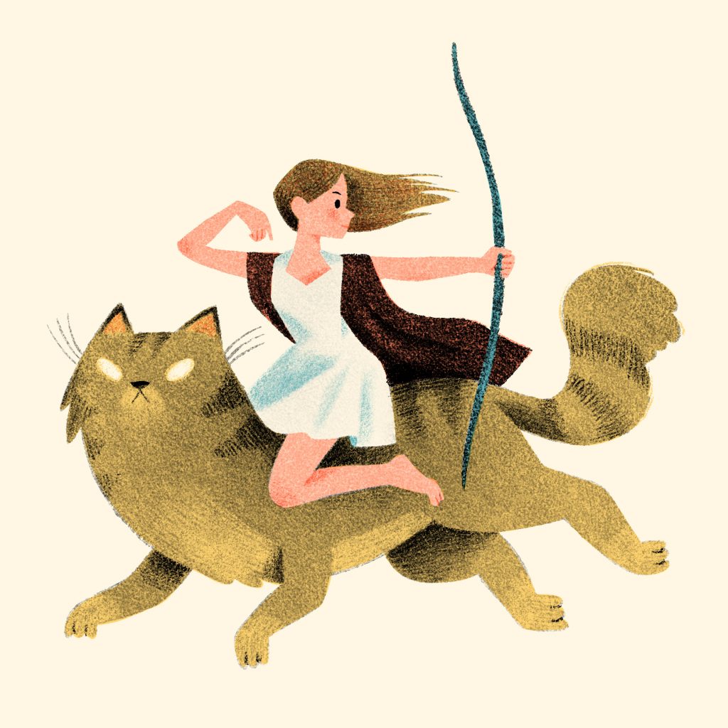 Warrior girl riding a cat
