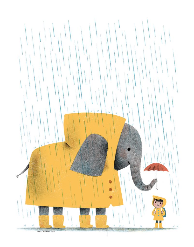 Illustration of a child and elephant wearing rain jackets and galoshes under an umbrella in the rain. Extremely cute.