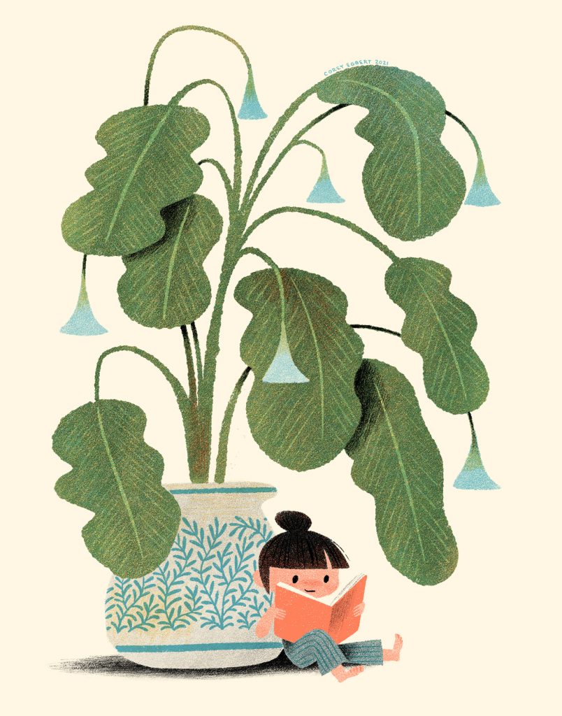 Illustration of a child reading beside a potted plant.