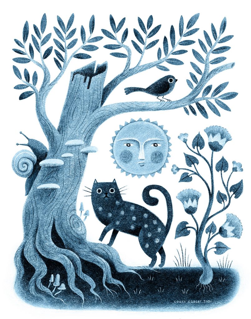 Folk art style illustration of a spotted cat, a tree, and a sun with a face. And its blue.